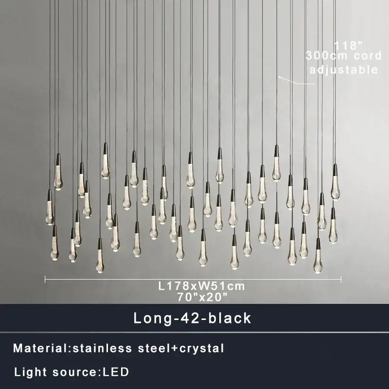 Modern black crystal water-drop chandelier light fixture stairwell