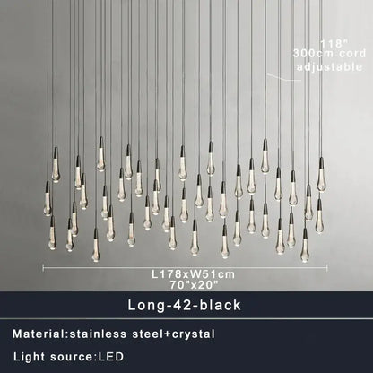 Modern black crystal water-drop chandelier light fixture stairwell