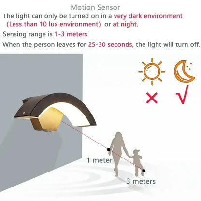 Modern black curved led waterproof outdoor wall lamp porch motion sensor