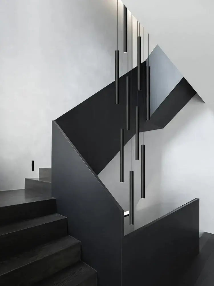 Modern black cylindrical led staircase chandelier suspension light