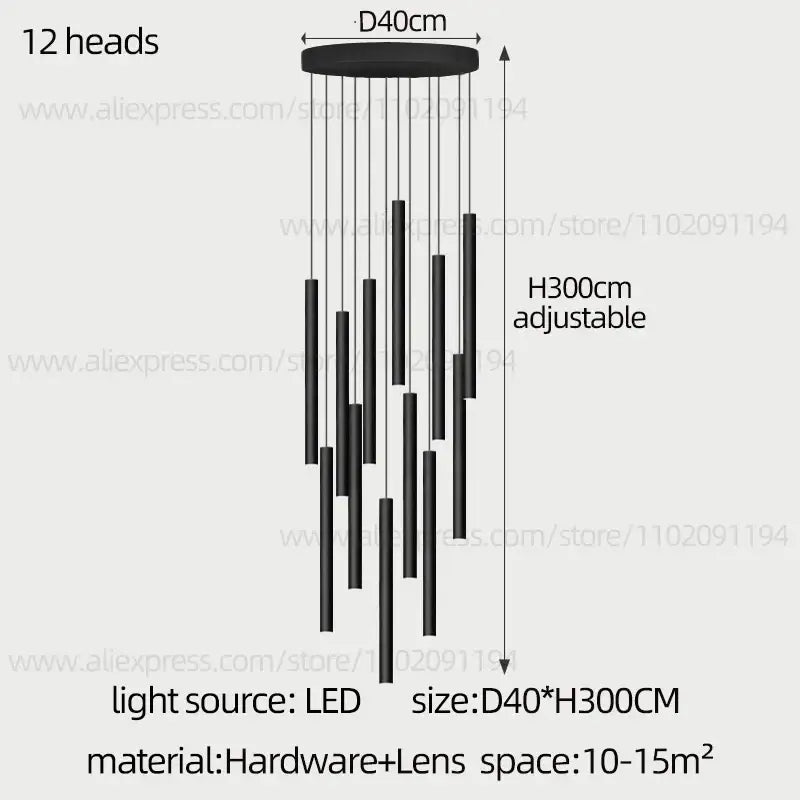 Modern black cylindrical led staircase chandelier suspension light