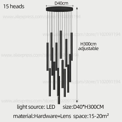 Modern black cylindrical led staircase chandelier suspension light