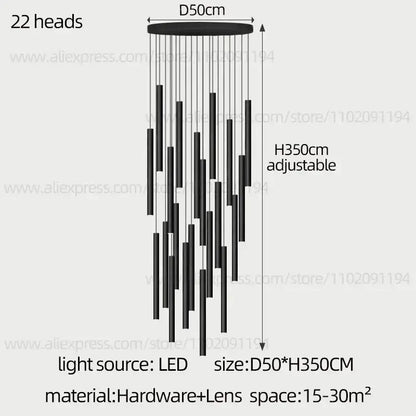 Modern black cylindrical led staircase chandelier suspension light