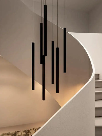 Modern black cylindrical led staircase chandelier suspension light