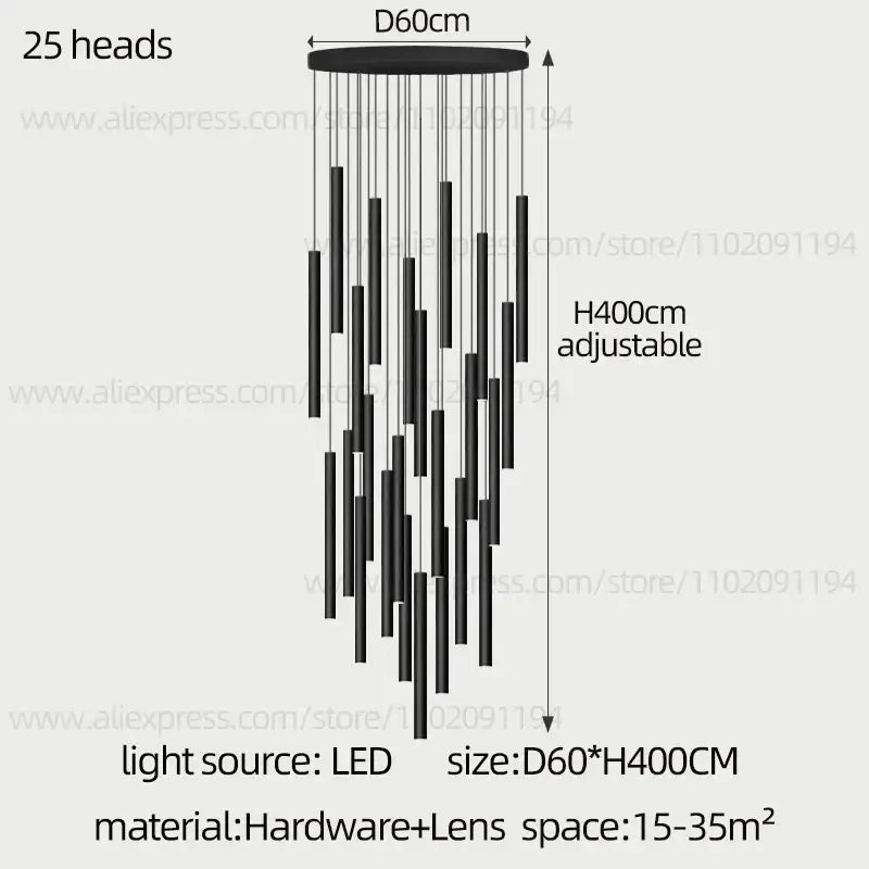 Modern black cylindrical led staircase chandelier suspension light