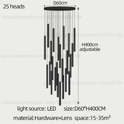Modern black cylindrical led staircase chandelier suspension light