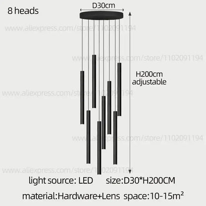 Modern black cylindrical led staircase chandelier suspension light