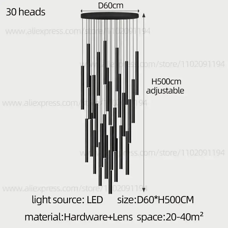 Modern black cylindrical led staircase chandelier suspension light