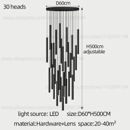 Modern black cylindrical led staircase chandelier suspension light