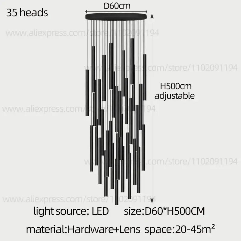 Modern black cylindrical led staircase chandelier suspension light