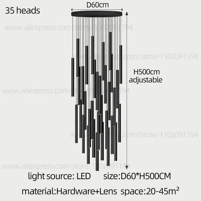 Modern black cylindrical led staircase chandelier suspension light