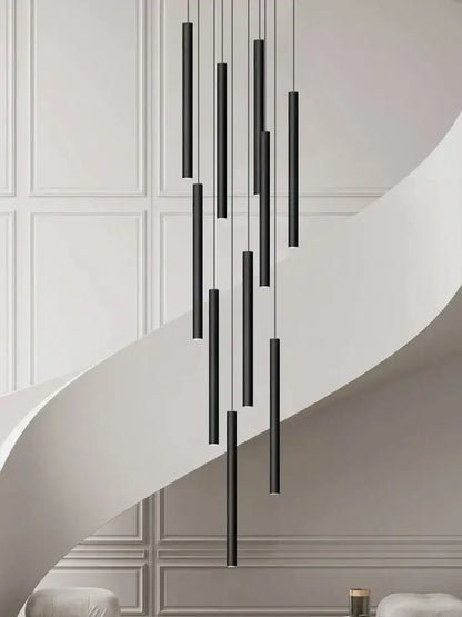Modern black cylindrical led staircase chandelier suspension light
