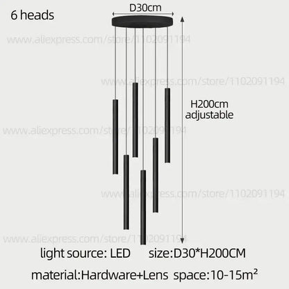 Modern black cylindrical led staircase chandelier suspension light