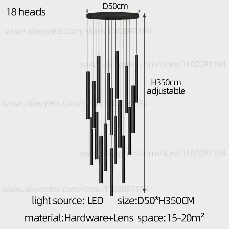 Modern black cylindrical led staircase chandelier suspension light