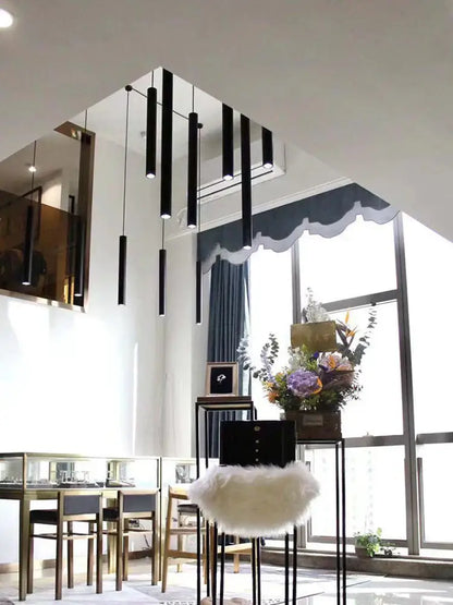 Modern black cylindrical led staircase chandelier suspension light