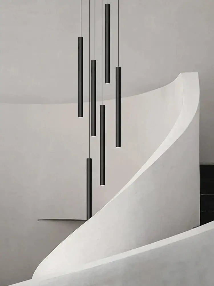 Modern black cylindrical led staircase chandelier suspension light
