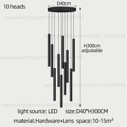 Modern black cylindrical led staircase chandelier suspension light