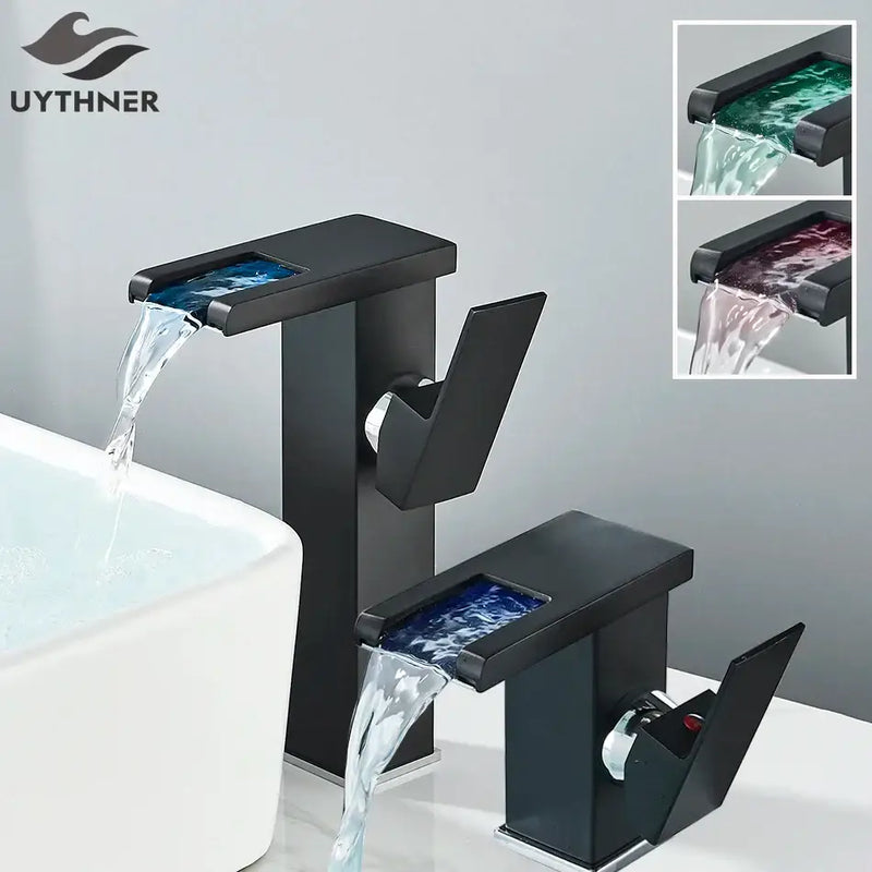 Modern black led waterfall bathroom sink faucet