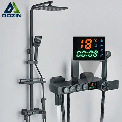 Modern black digital shower system with rainfall head and bidet – bathroom