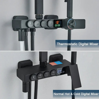 Modern black digital shower system with rainfall head and bidet – bathroom