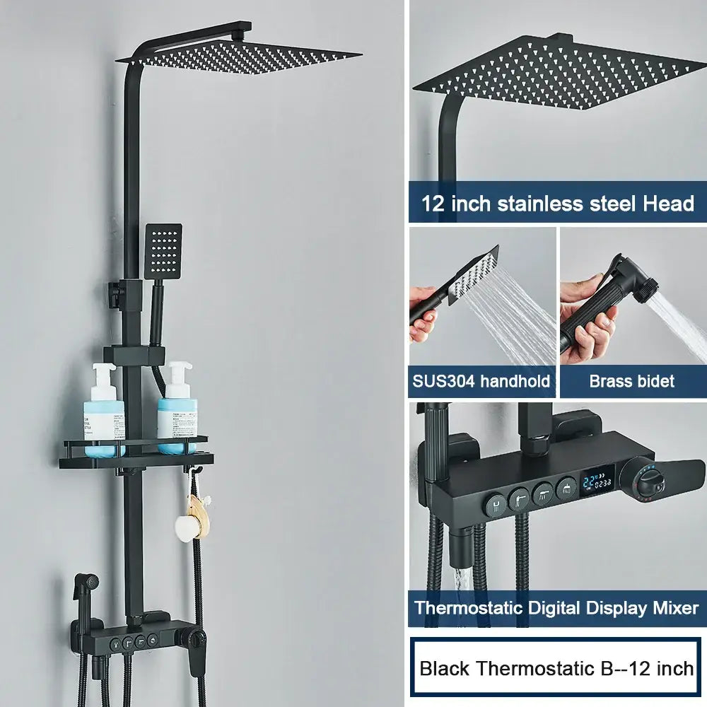 Modern black digital shower system with rainfall head and bidet – bathroom