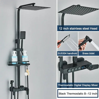 Modern black digital shower system with rainfall head and bidet – bathroom