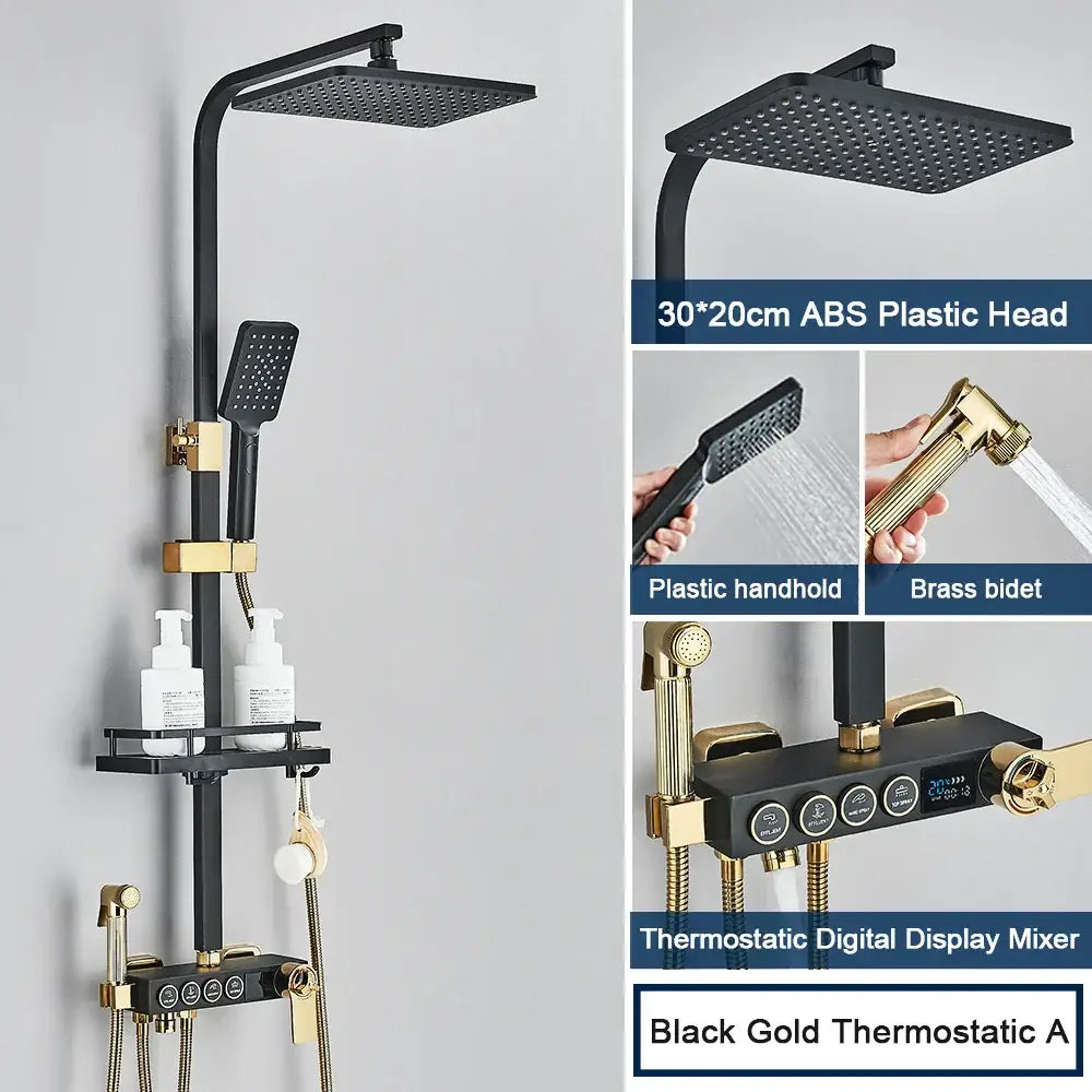Modern black digital shower system with rainfall head and bidet – bathroom