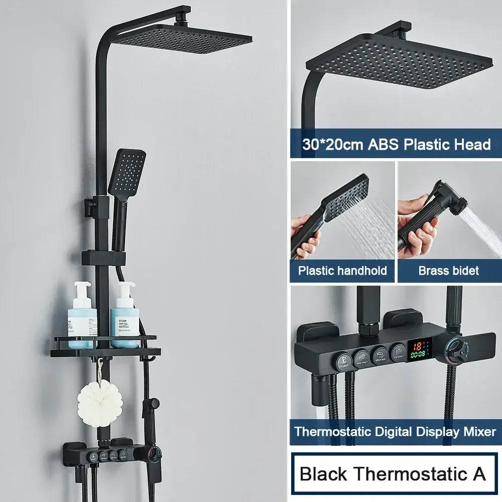 Modern black digital shower system with rainfall head and bidet – bathroom