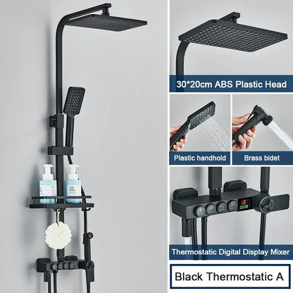 Modern black digital shower system with rainfall head and bidet – bathroom
