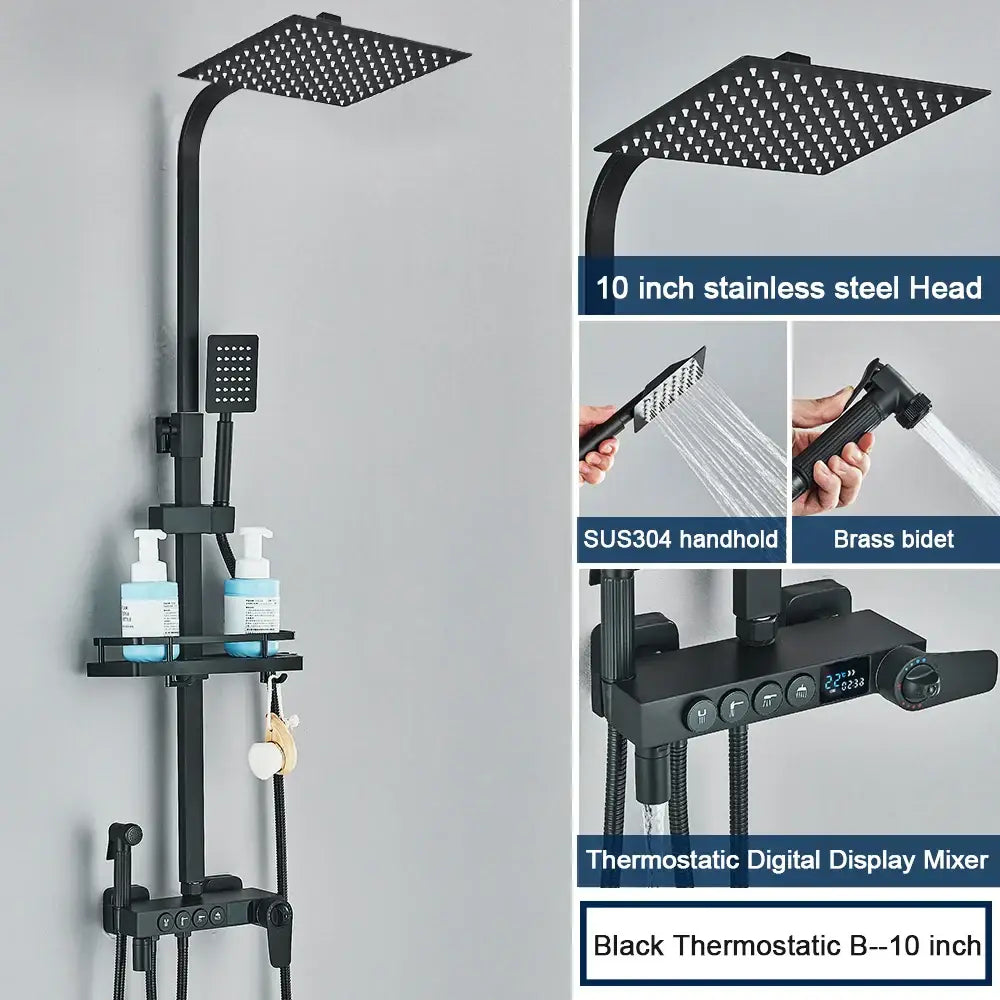 Modern black digital shower system with rainfall head and bidet – bathroom