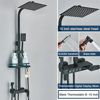 Modern black digital shower system with rainfall head and bidet – bathroom