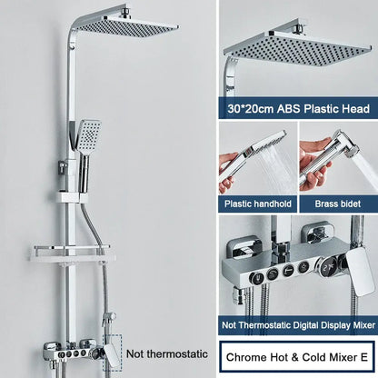 Modern black digital shower system with rainfall head and bidet – bathroom