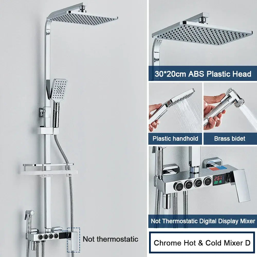 Modern black digital shower system with rainfall head and bidet – bathroom