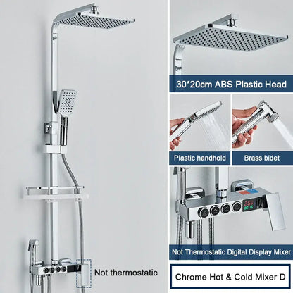 Modern black digital shower system with rainfall head and bidet – bathroom