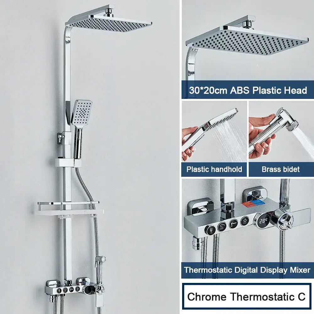 Modern black digital shower system with rainfall head and bidet – bathroom