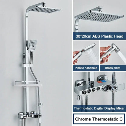Modern black digital shower system with rainfall head and bidet – bathroom