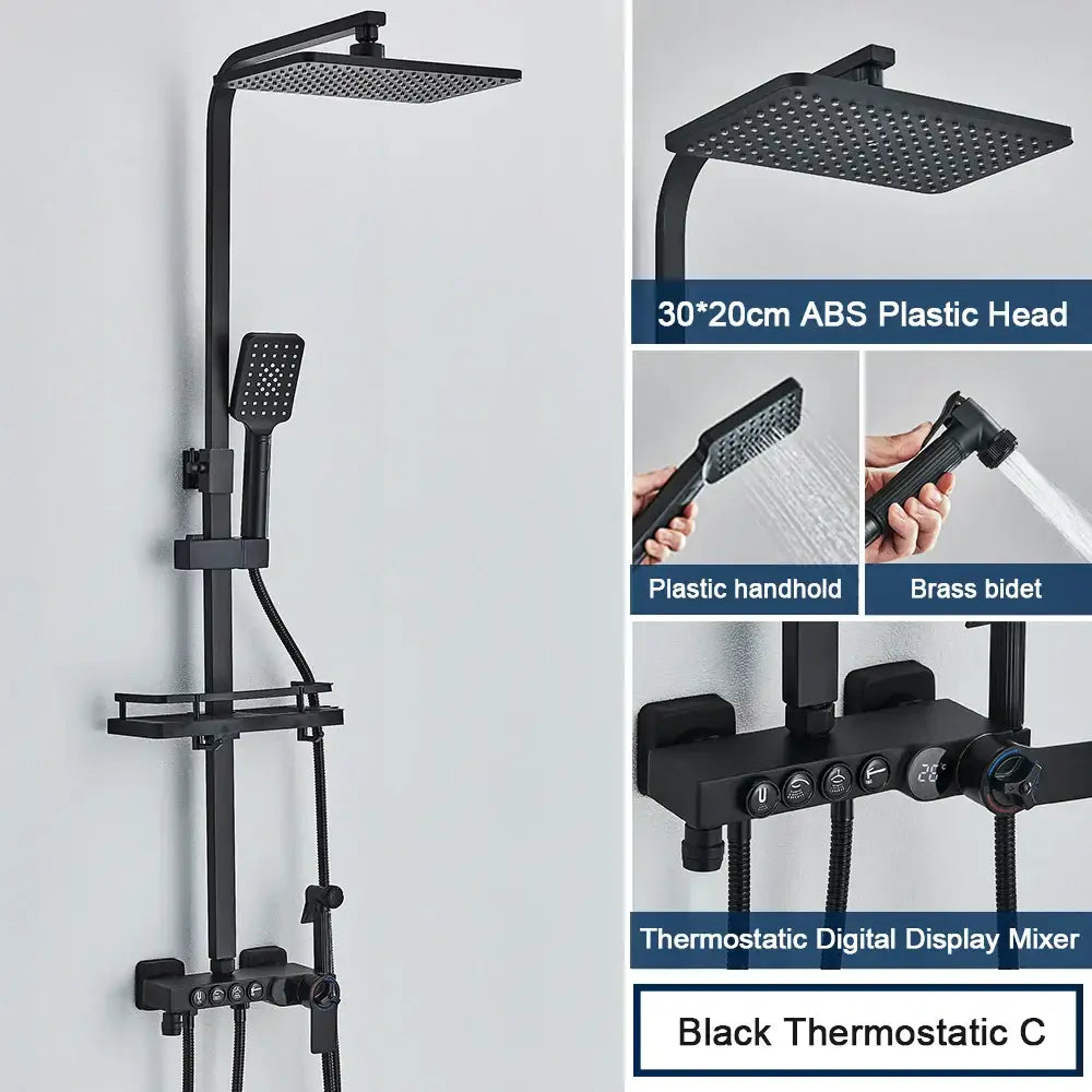 Modern black digital shower system with rainfall head and bidet – bathroom