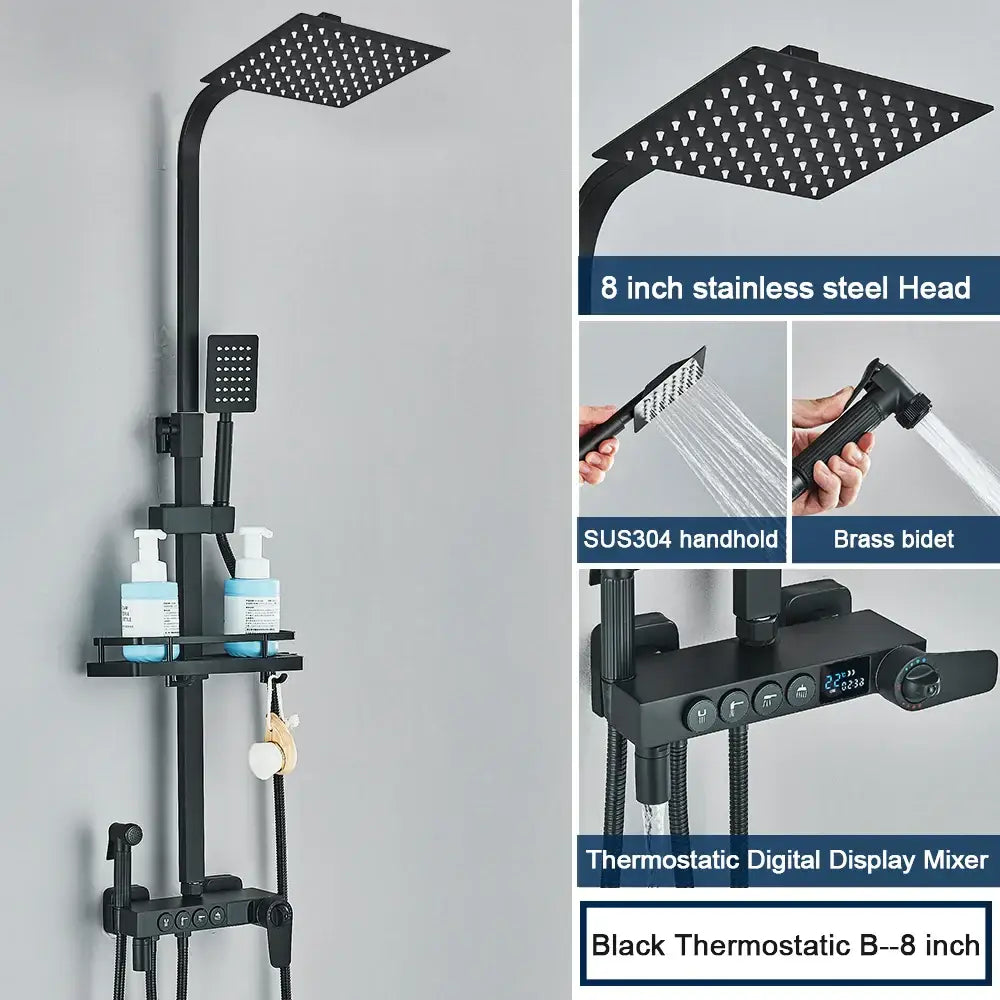 Modern black digital shower system with rainfall head and bidet – bathroom