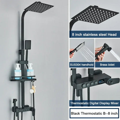 Modern black digital shower system with rainfall head and bidet – bathroom