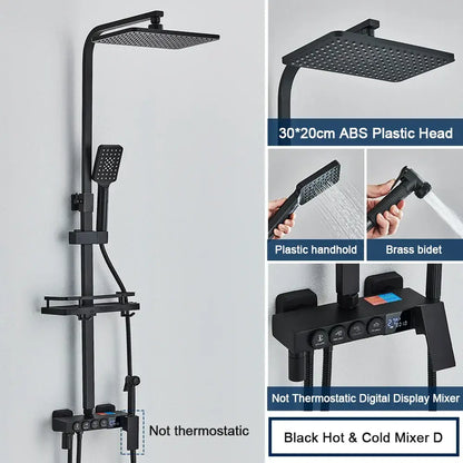 Modern black digital shower system with rainfall head and bidet – bathroom