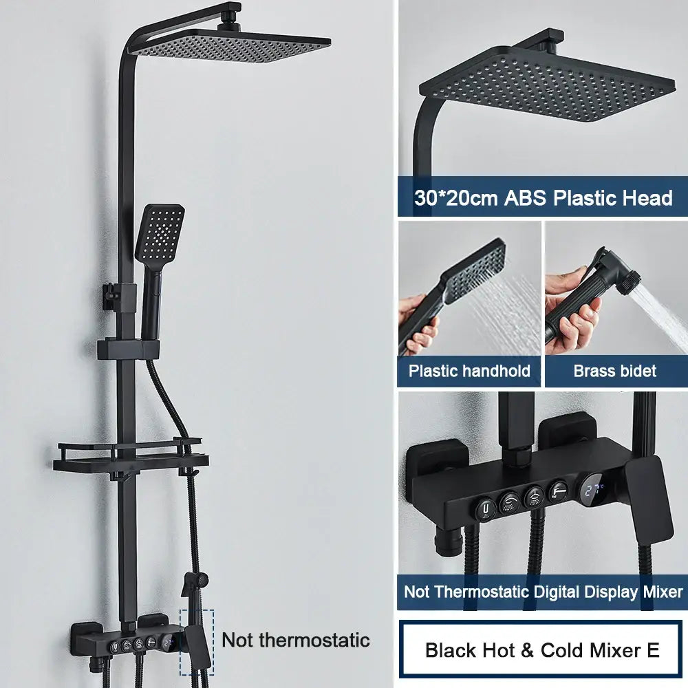 Modern black digital shower system with rainfall head and bidet – bathroom