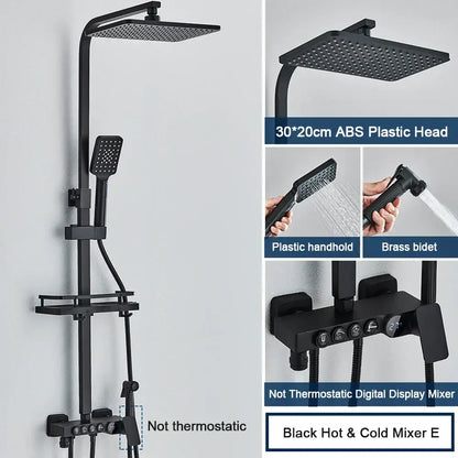 Modern black digital shower system with rainfall head and bidet – bathroom