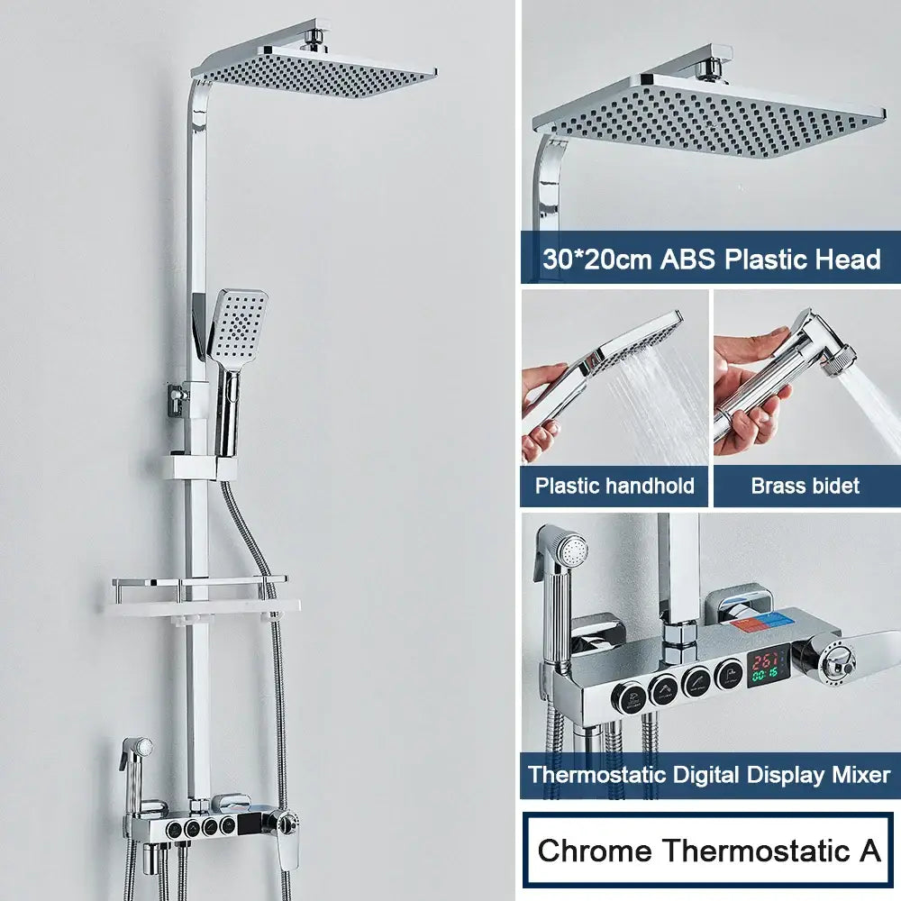Modern black digital shower system with rainfall head and bidet – bathroom