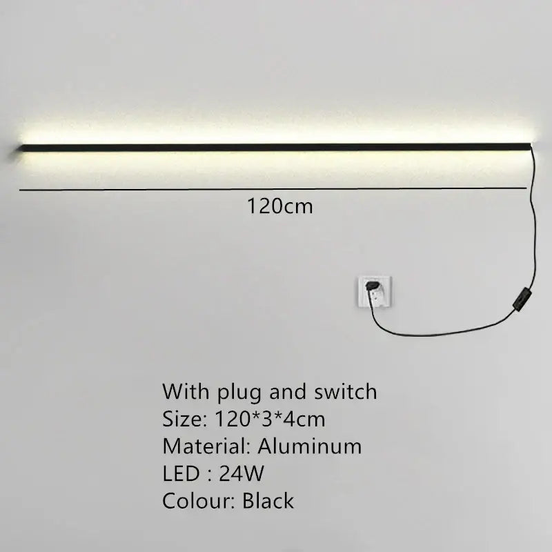 Modern black dimmable long wall lamp for bedroom ambient lighting