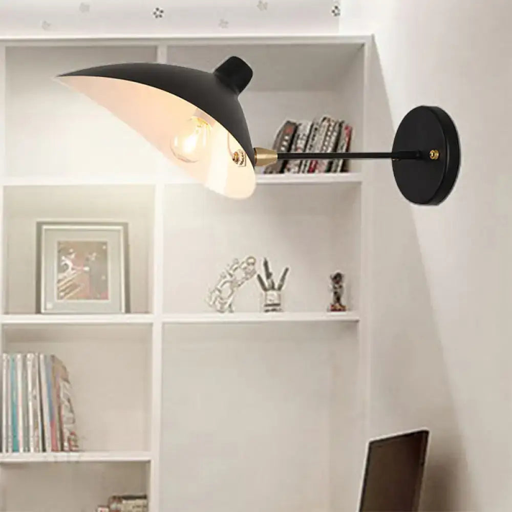 Modern black duckbill shade wall lamp with curved arm bedroom sconce