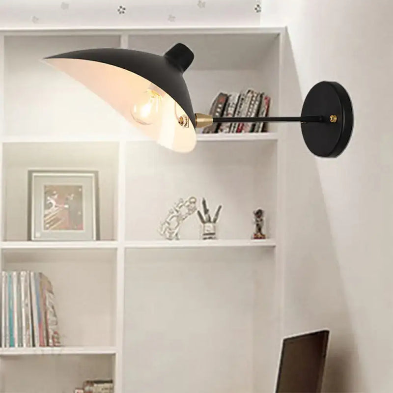 Modern black duckbill shade wall lamp with curved arm bedroom sconce