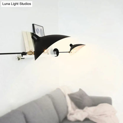 Modern black duckbill shade wall lamp with curved arm bedroom sconce