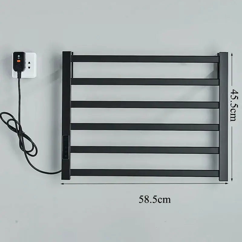 Modern black electric towel warmer with digital display for bathroom