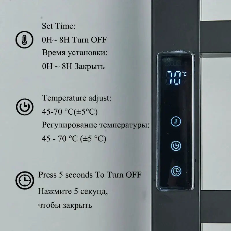 Modern black electric towel warmer with digital display for bathroom