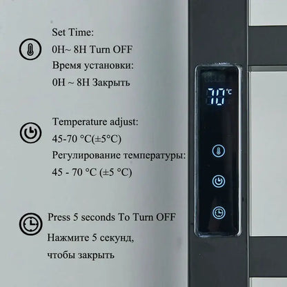 Modern black electric towel warmer with digital display for bathroom